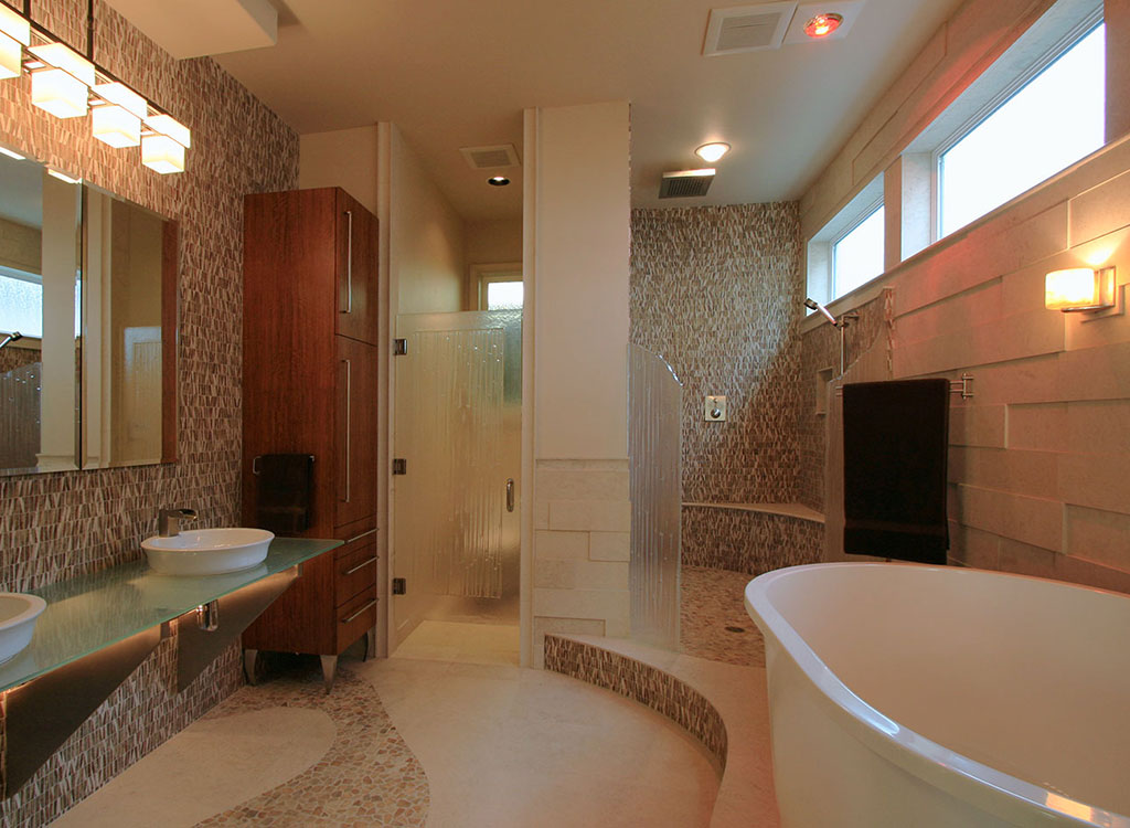 Custom master bathroom design in a modern coastal home remodel. Rebecca Olsen Designs, Salem, OR