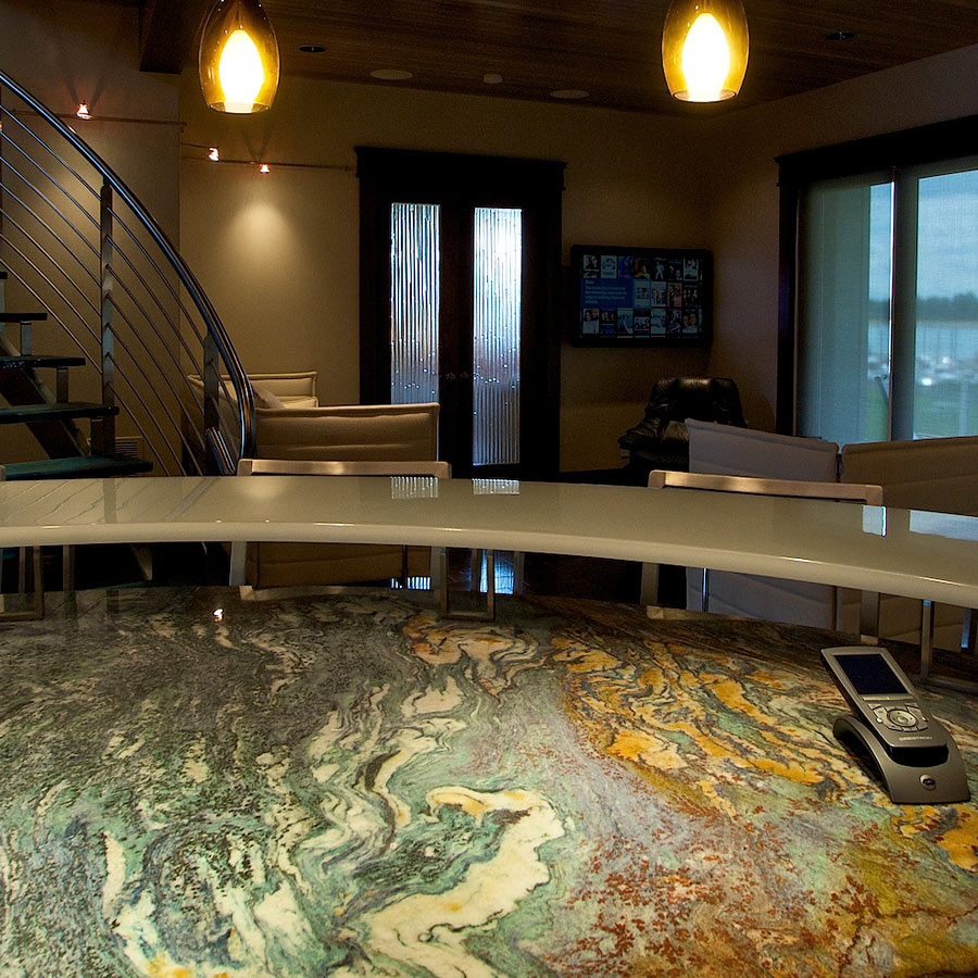 Imported granite for a modern  Oregon coast home remodel and design. Rebecca Olsen Designs, Salem, OR
