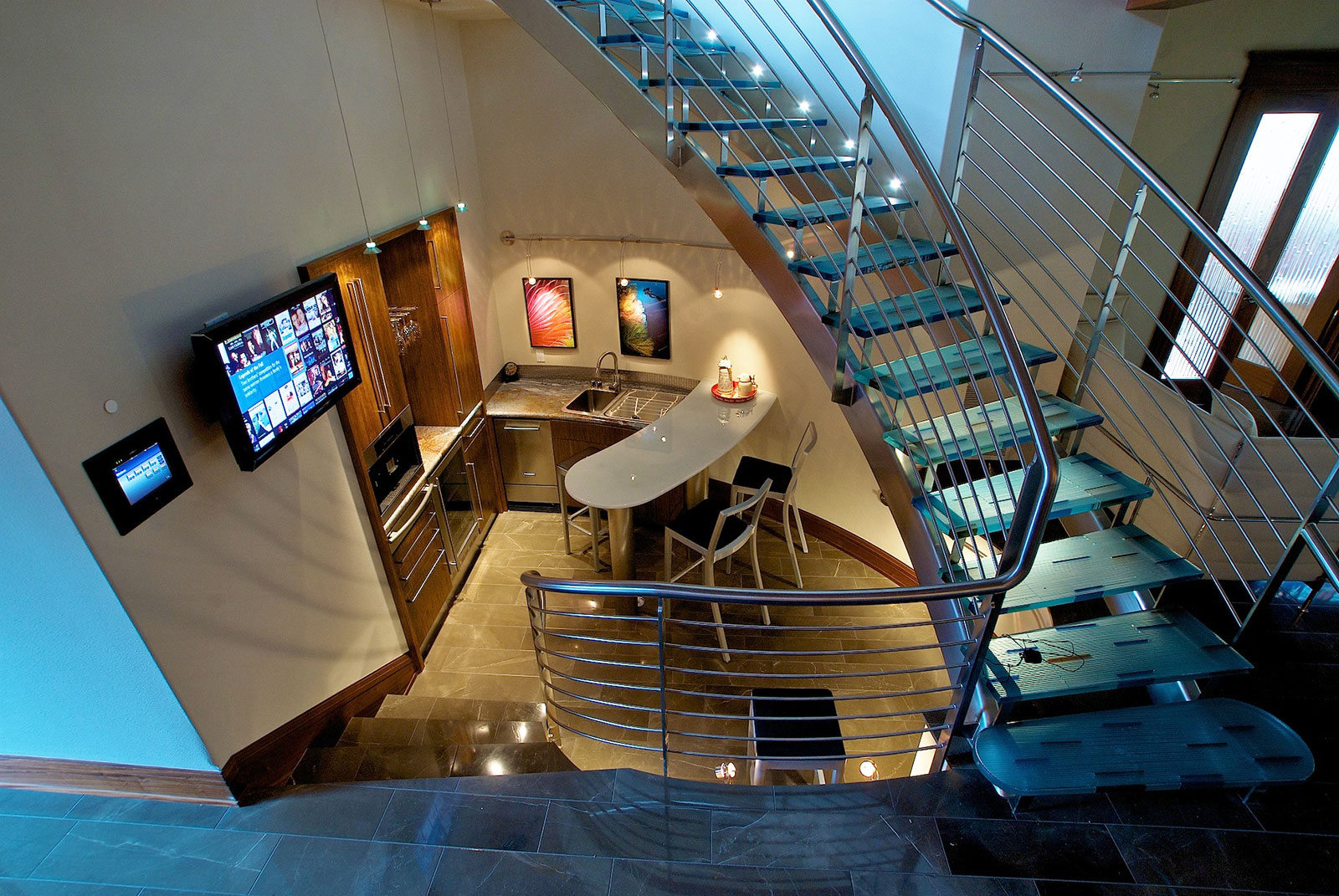 Custom staircase design in a modern home remodel and design. Rebecca Olsen Designs, Salem, OR